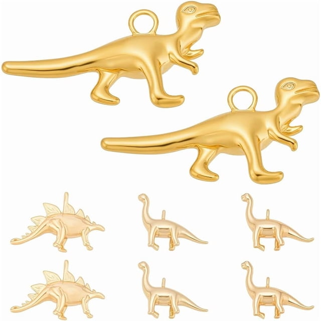 Juego de 8 colgantes de dinosaurios chapados en oro de 18 quilates, en latón, con diseños de Tiranosaurio Rex, Estegosaurio, Velociraptor y Braquiosaurio.