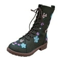 thumbnail image 5 of Floral Embroidered Mid Calf Combat Boots for Women Boho Vintage Flower Lace up Low Heel Winter Fall Riding Short Boots with Side Zipper, 5 of 6
