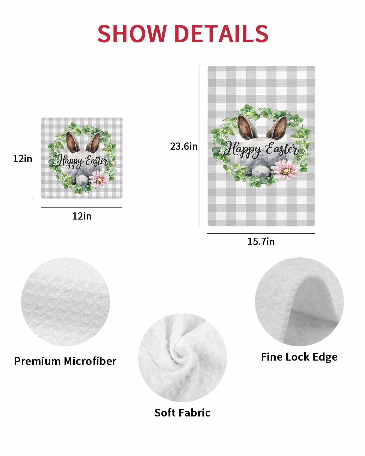 Grey Easter Kitchen Dish Towels for Drying Dishes Set of 4, Spring Watercolor Bunny Flower Leaf Plaid Waffle Weave Microfiber Hand Tea Bathroom Towels Quick Dry & Absorbent Towel 12x12