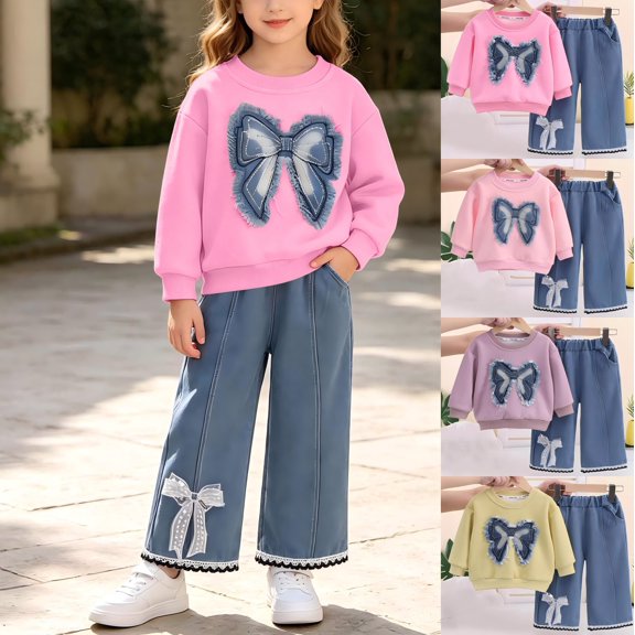 Wilark Toddler Girls Outfit Sets with Bow Long Sleeve Casual Sweatshirt and Jeans Cute Kids Fall Clothes Hot Pink 3