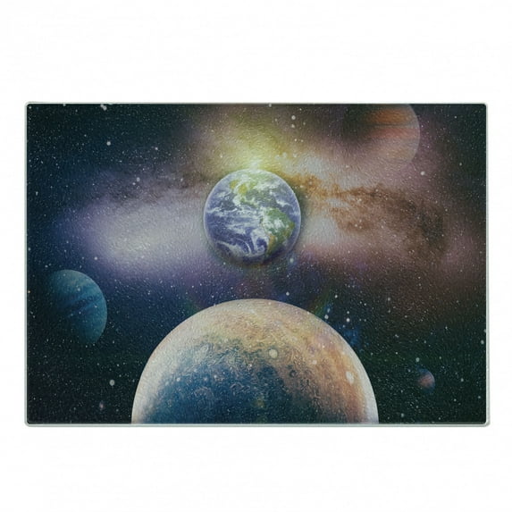 Universe Cutting Board, Panoramic View of Cosmic View of the Earth the Sun and Galaxy, Decorative Tempered Glass Cutting and Serving Board, in 3 Sizes, by Ambesonne