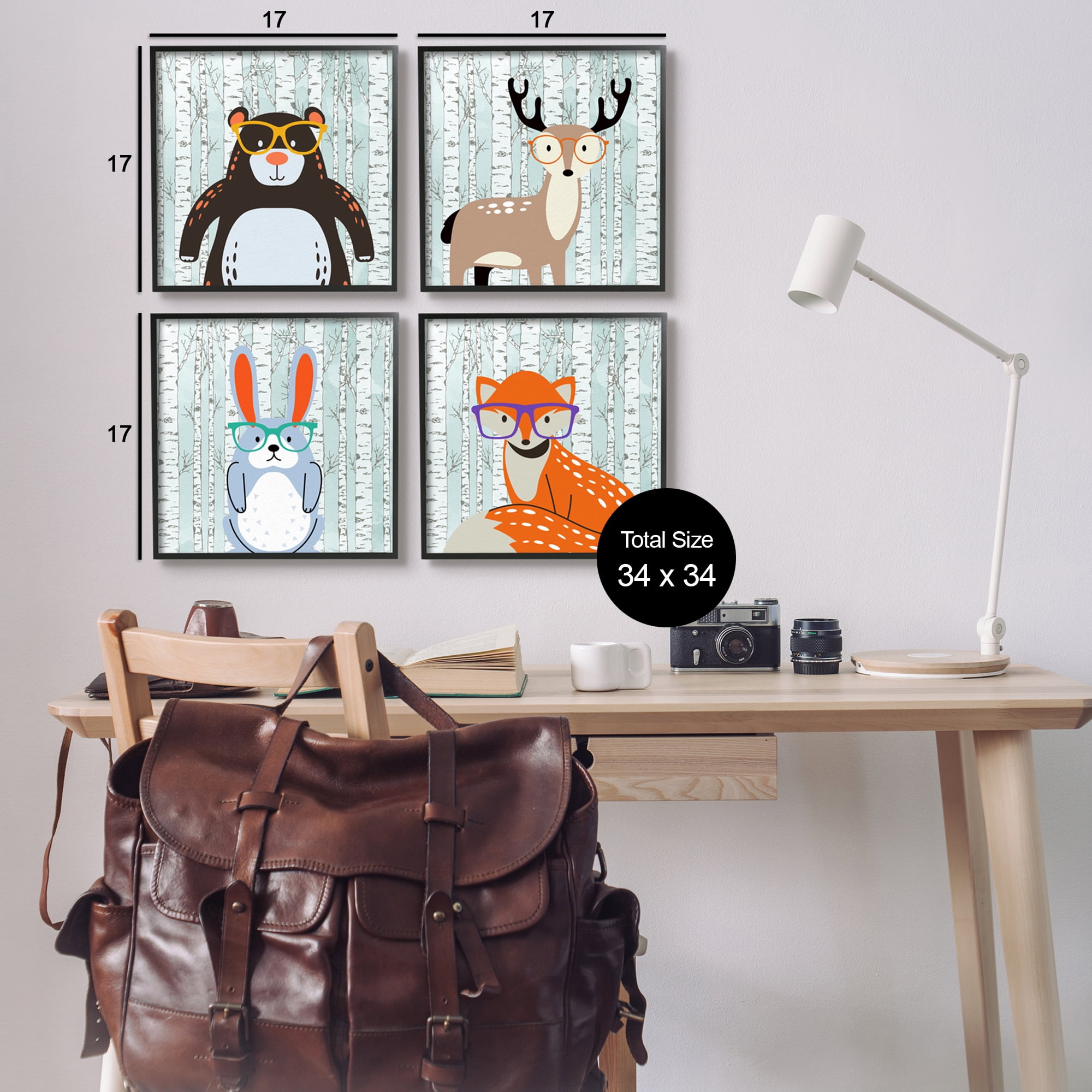 Stupell Industries Woodland Animals in Glasses Animals & Insects Painting Black Framed Art Print Wall Art, 17 x 17, Set of 4