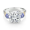thumbnail image 2 of Gem Stone King 925 Silver and 10K Yellow Gold White Moissanite and Blue Tanzanite 3 Stone Ring for Women (5.60 Cttw, Gemstone Birthstone, Cushion 10MM, Round 4MM, Size 8), 2 of 3