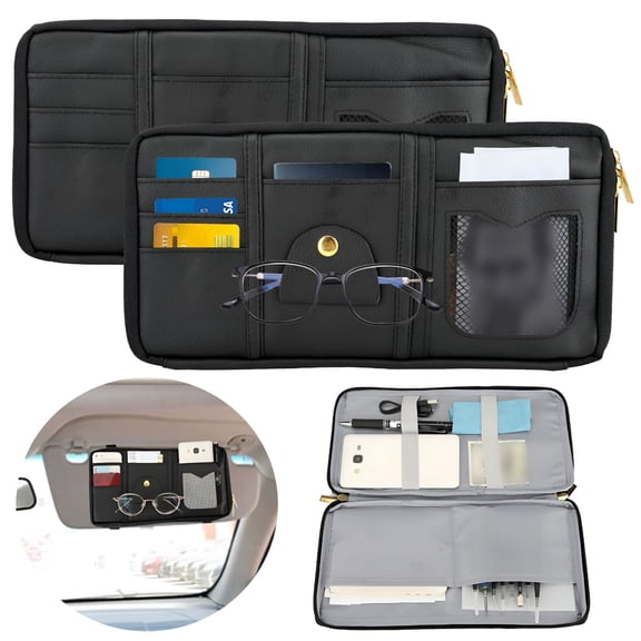 MELIVO Car Sun Visor Organizer Auto Interior Accessories Pocket Organizers Leather Sunglass Holder
