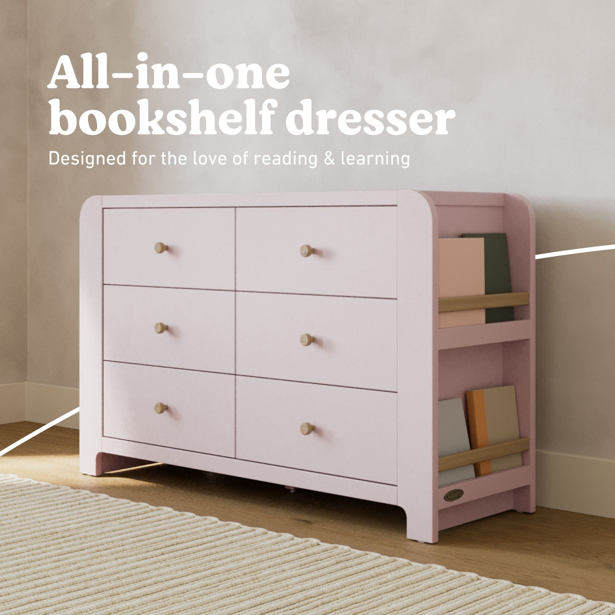 Graco Read-with-Me 6 Drawer Chest with Bookshelves, Blush with Driftwood