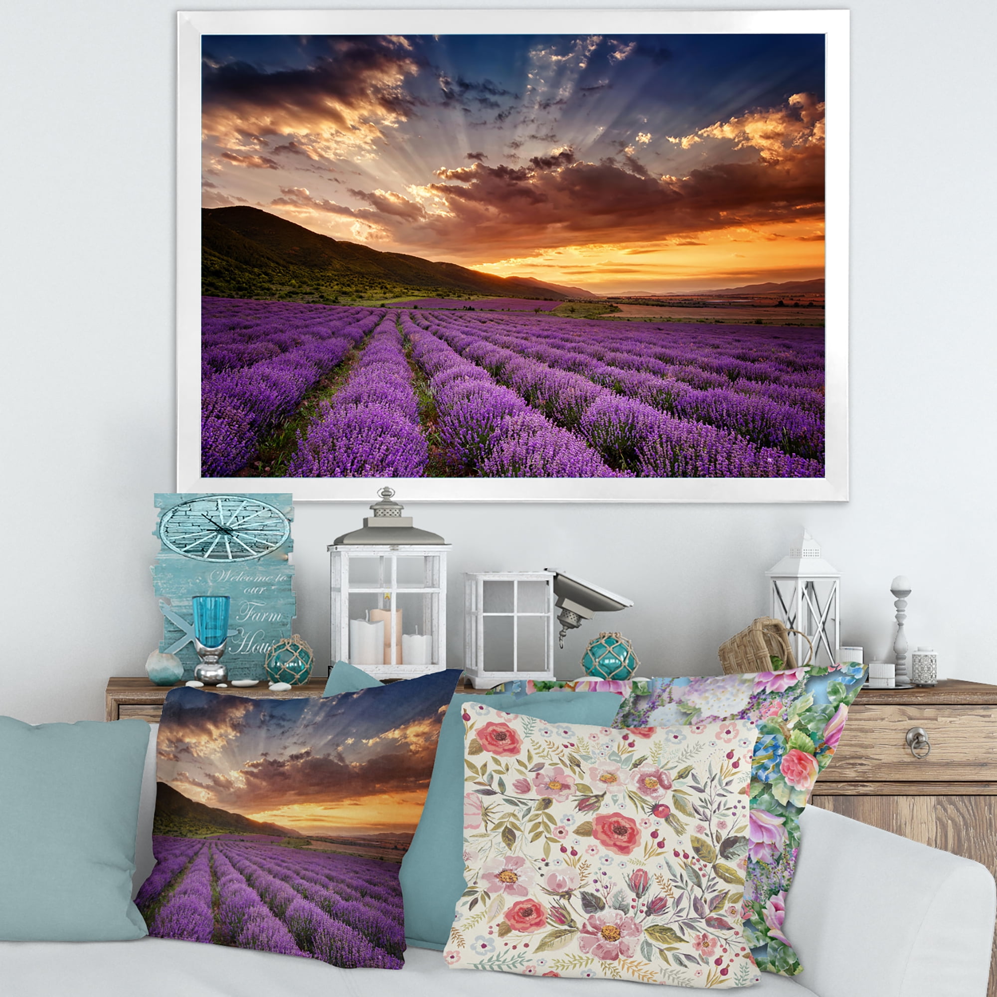 Designart 'Dramatic Clouds and Sunrise Over Lavender Field X' Farmhouse Framed Art Print