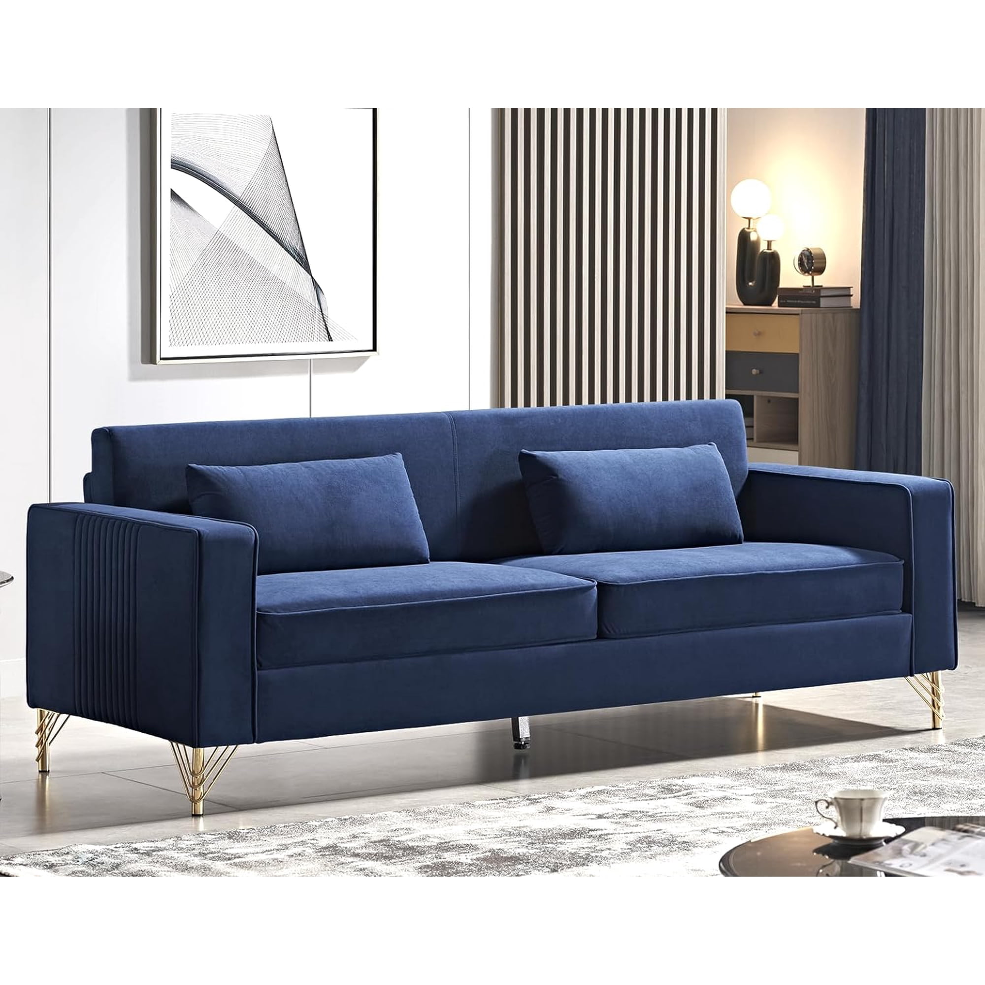Uspridefurniture US Pride Furniture Aesthetic Velvet Sofas for Living Room 3 Seater Couch with Classic Modern Appeal and Luxurious Soft Comfort Easy to Maintain 85.8Wx30.7Dx31.5H Blue