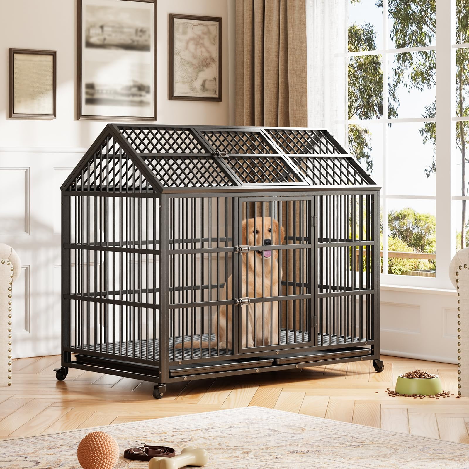 Garvee Heavy Duty Dog Crate, 52 Inch Indestructible Metal Dog Kennel Cage for Large Medium Small Dogs, Indoor Dog Crate with Lockable Wheels and Removable Tray