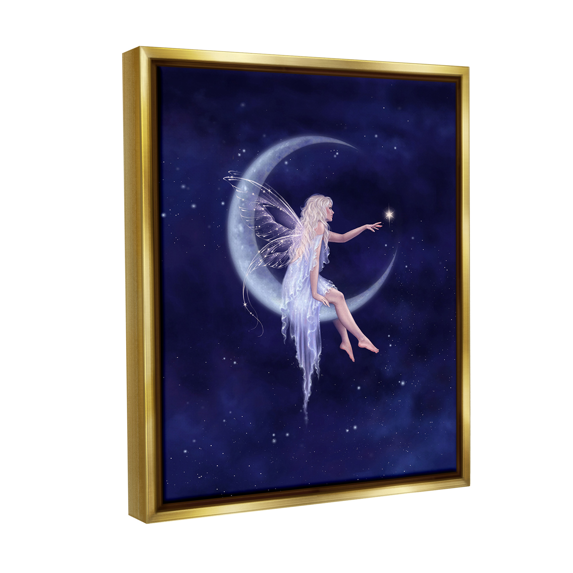 Stupell Industries Fairy & Crescent Moon Fairy Tales & Fantasy Painting Gold Floater Framed Canvas Art Print Wall Art, 25 x 31