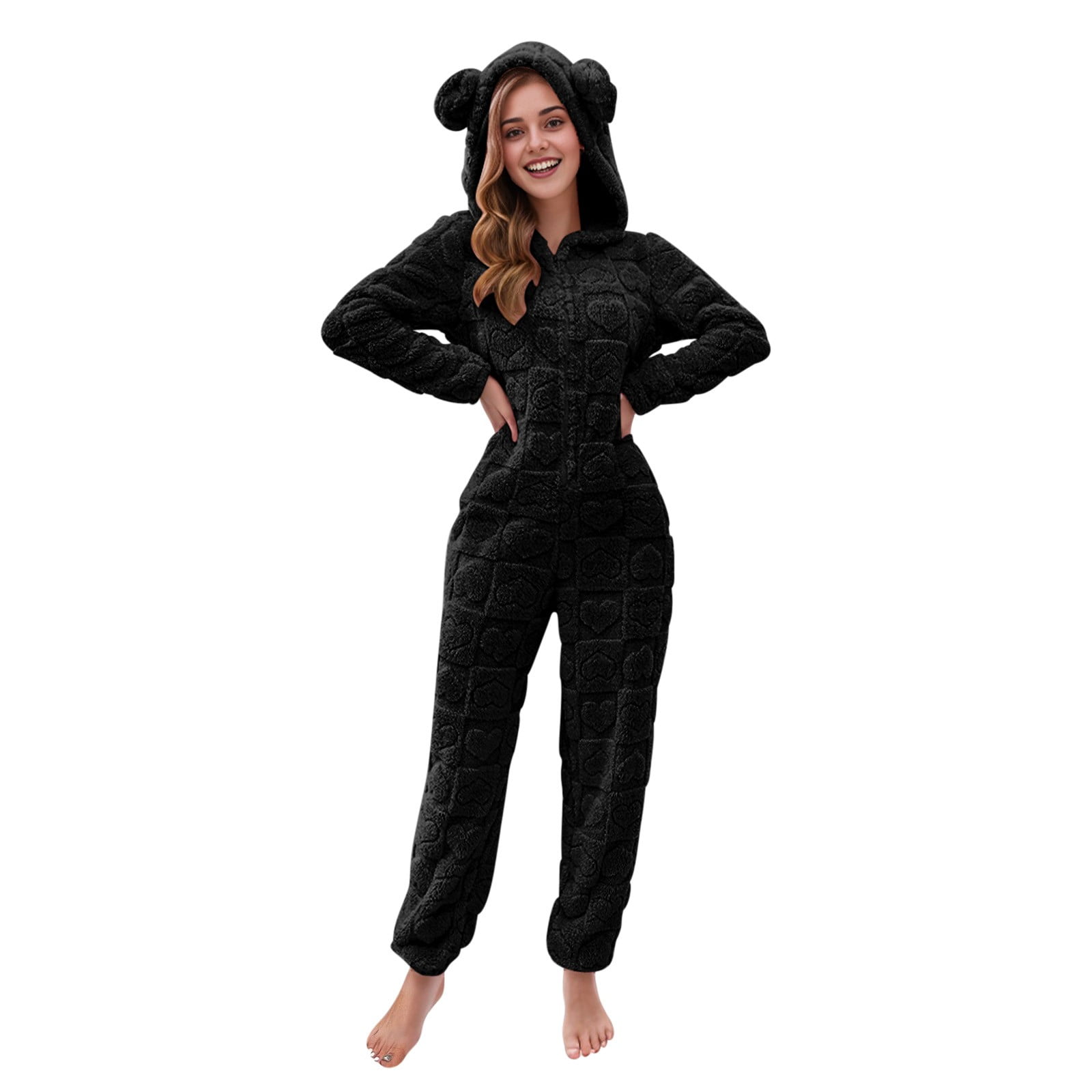 BiZtdJrK Women's Furry Sherpa Onesie Pajamas Fashion Heart Jacquard Jumpsuits Cute Ear Hood Romper Lounge Sleepwear, Black, M