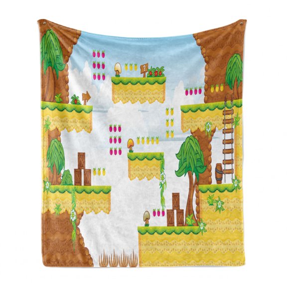 Video Games Soft Flannel Fleece Blanket, Cartoon Retro Computer Graphic Kids Western Design Box Cloud Fun Adventure 90's, Cozy Plush for Indoor and Outdoor Use, 70" x 90", Multicolor, by Ambesonne