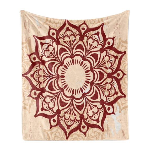 East Soft Flannel Fleece Throw Blanket, Round Cultural Ornament in Retro Style on Grunge Looking Backdrop, Cozy Plush for Indoor and Outdoor Use, 50" x 70", Peach and Ruby, by Ambesonne