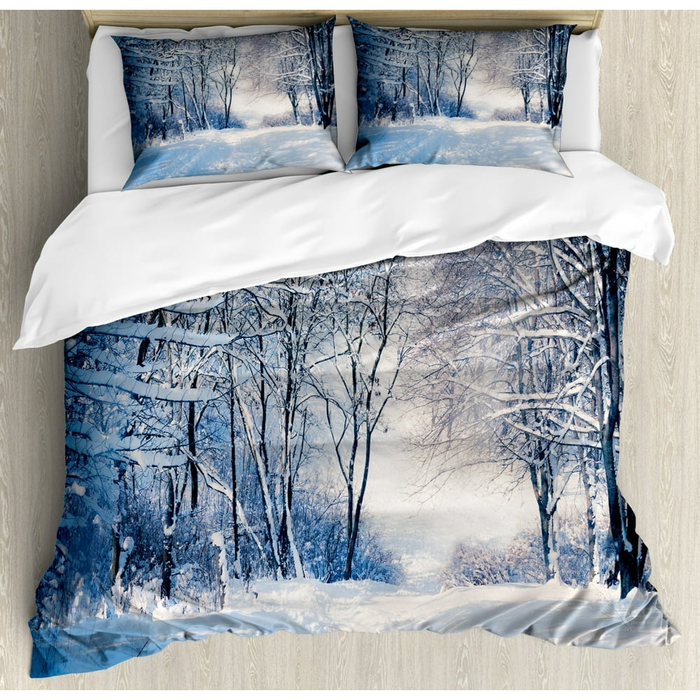 Winter Duvet Cover Set King Size, Alley in Snowy Forest Cold Freezing
