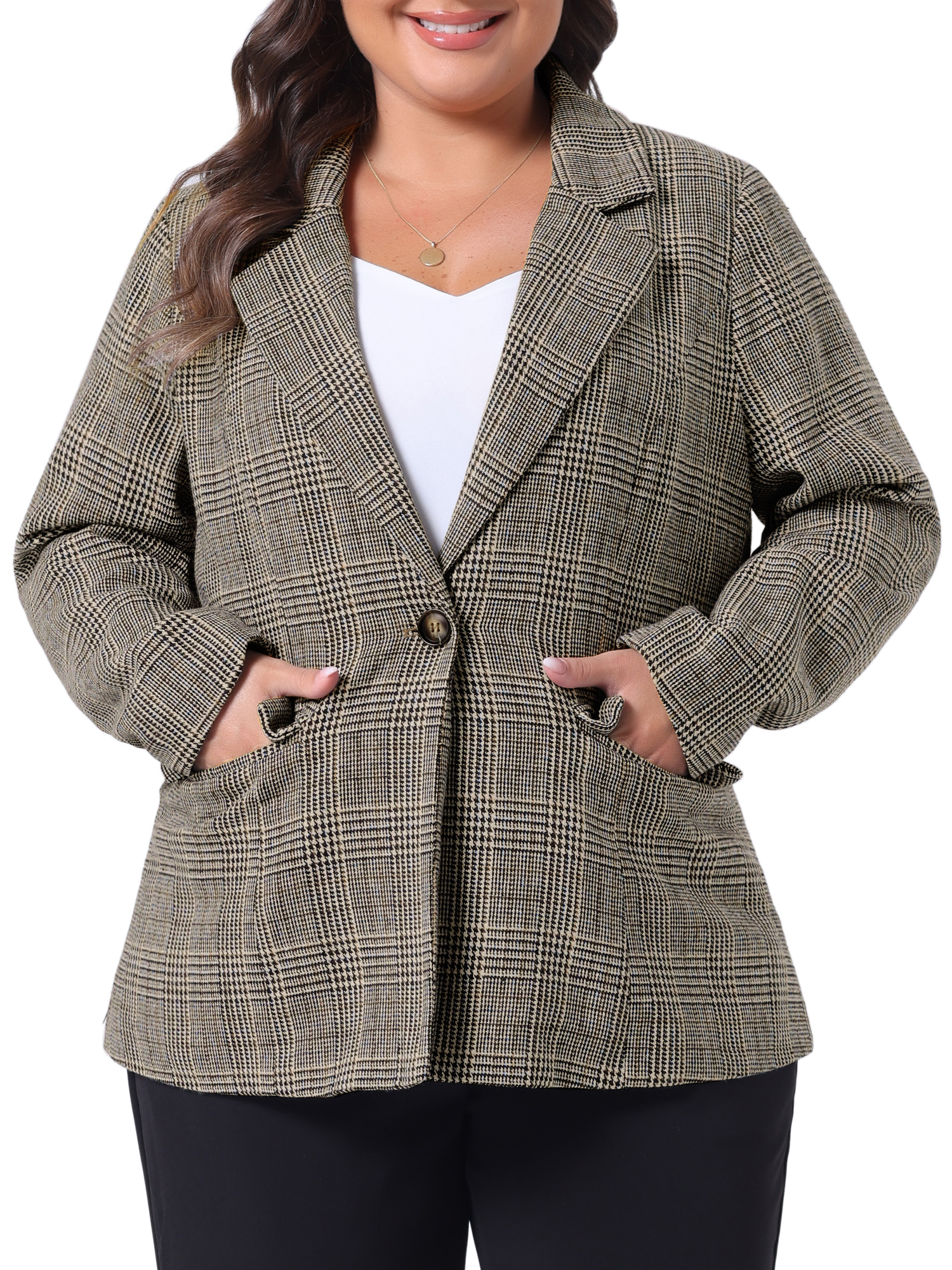 DARING DIVA Women's Plus Plaid Notched Lapel Business Blazer Jackets 3X Black Brown