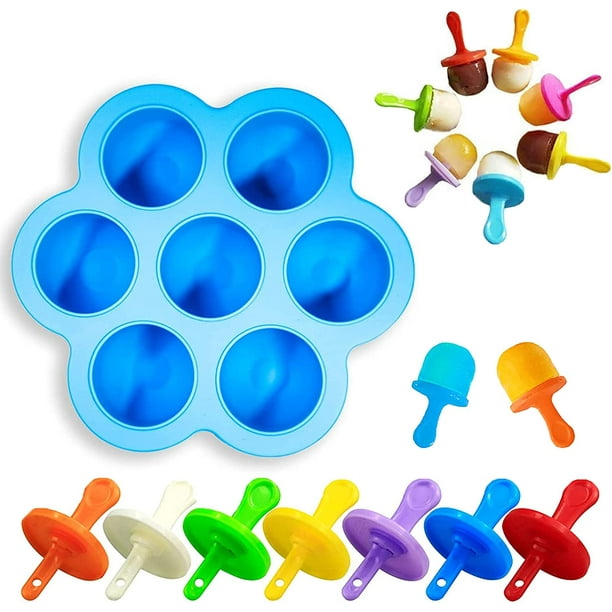 Molde para mini paletas de silicona para niños de 7 cámaras Molde para paletas de helado (azul), molde para paletas de bebé con palitos de colores, rechinar los dientes de los niños y caja de hielo a