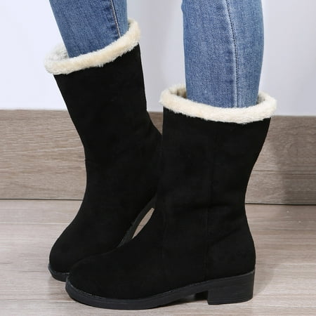 

ZMHEGW Boots For Women Solid Color Flock Heel Snow Round Toe Warm Mid Cotton Shoes