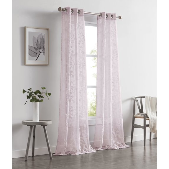 Dainty Home Rita Floral Embroidered Light Filtering Curtain 38 x 108 Inch 2 Panels, Blush