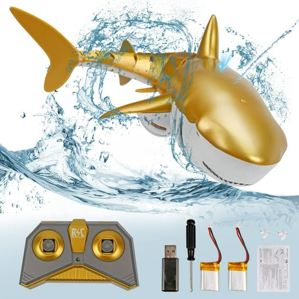 Petmoko 2.4G RC Shark Remote Control Shark with Water Spray Design Fish Boat  Mini Radio Electronic Shark Fish Boat Toy Simulation Toy for Kids Age 6+  Play in Water Park/Pool/Bathtub (Gold) 