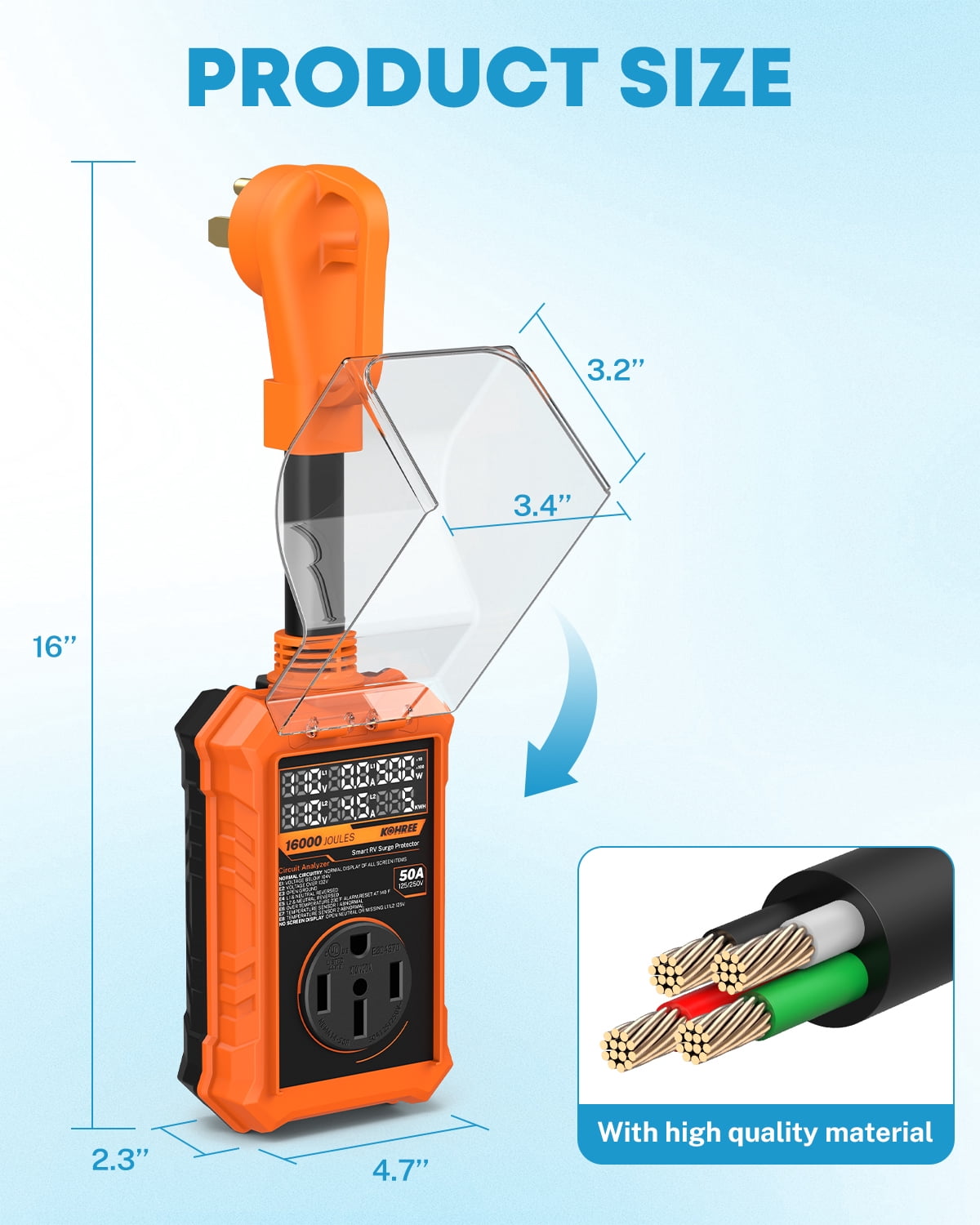 Kohree RV Surge Protector 50 Amp, 125V/250V 16000 Joules RV Circuit Analyzer with High/Low Voltage Protection for Camper Travel Trailers