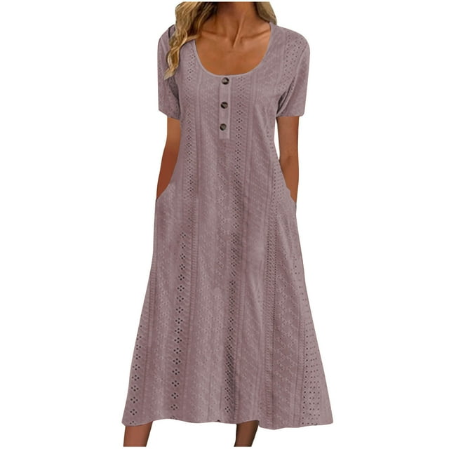 Hyknon Womens Robes d'Été Mode Manches Courtes Bouton Col en V Plissé Robe de Plage Ample à Volants Robe Maxi Fluide P-2TG