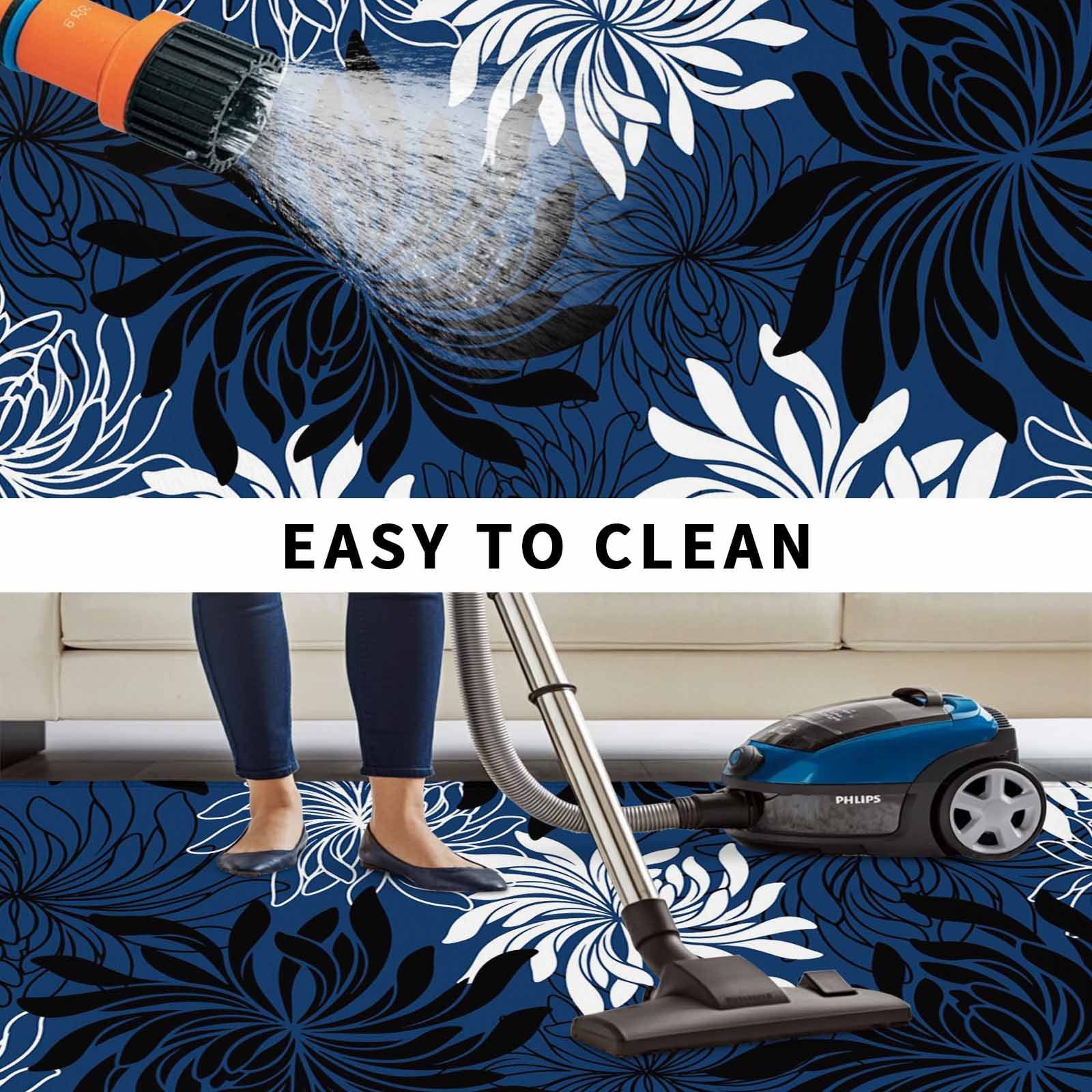 Blue Black Flowers Outdoor Rug for Patio/Deck/Porch, Non-Slip Large Area Rug 5 x 7 Ft, Modern Abstract Blooms Floral Indoor Outdoor Rugs Washable Area Rugs, Reversible Camping Rug Carpet Runner