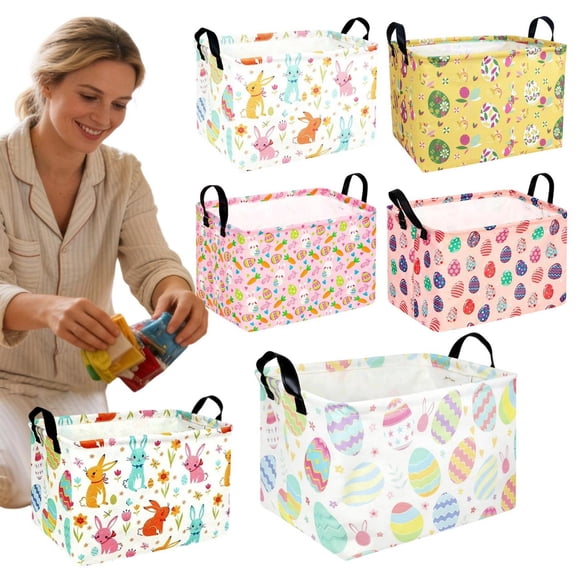 CoreLiving Large Rectangle Easter Basket Empty Canvas Storage Bin Collapsible Waterproof Hamper Toy Box for Boys Girls Gifts Spring Home Decor