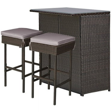 Resenkos 3 Pieces Patio Rattan Wicker Bar Table Stools Dining Set,Bar Stools Set of 2 , Pub Chair with Padded Seat Footrest for Kitchen Dining Room