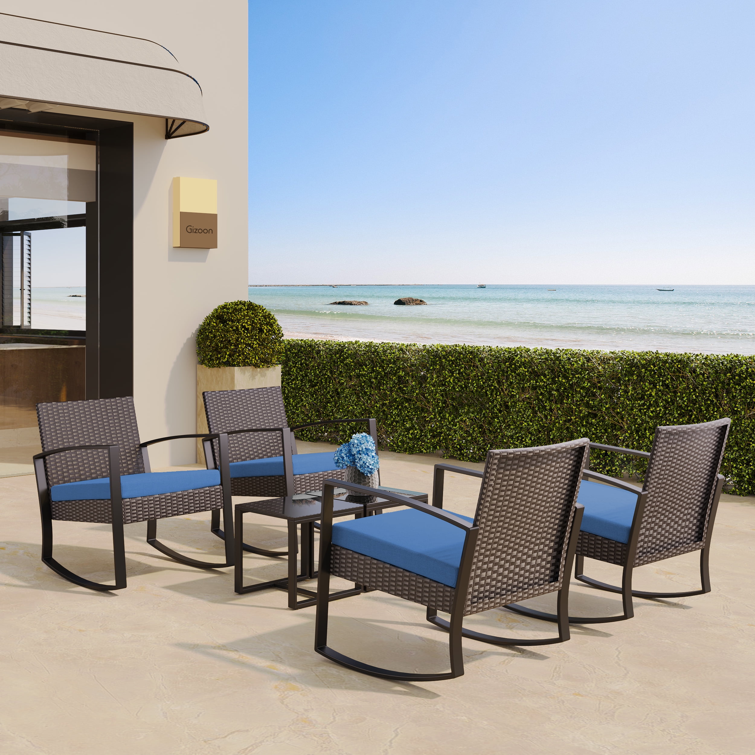 Lofka 3 Pieces Patio Bistro Chairs Set Outdoor Patio Furniture Sets with a Coffee Table, for Patio, Garden and Bistro, Blue Cushion