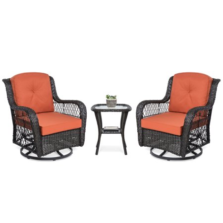 Patio Products Best Choice Products 3-Piece Outdoor Wicker Patio Bistro Set with 2 360-Degree Swivel Rocking Chairs and Tempered Glass Top Side Table, Rust ()