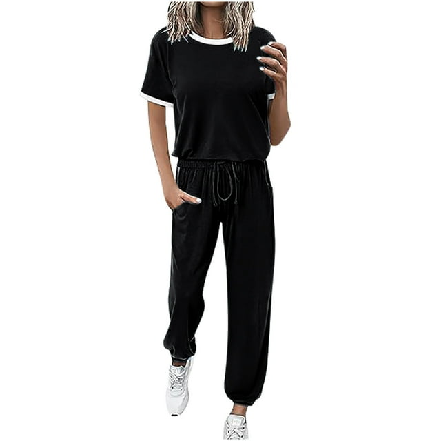 Yuyuzo Womens Workout Sets 2 Piece Sweatsuits Short Sleeve T Shirts Drawstring Running Pants with Pockets