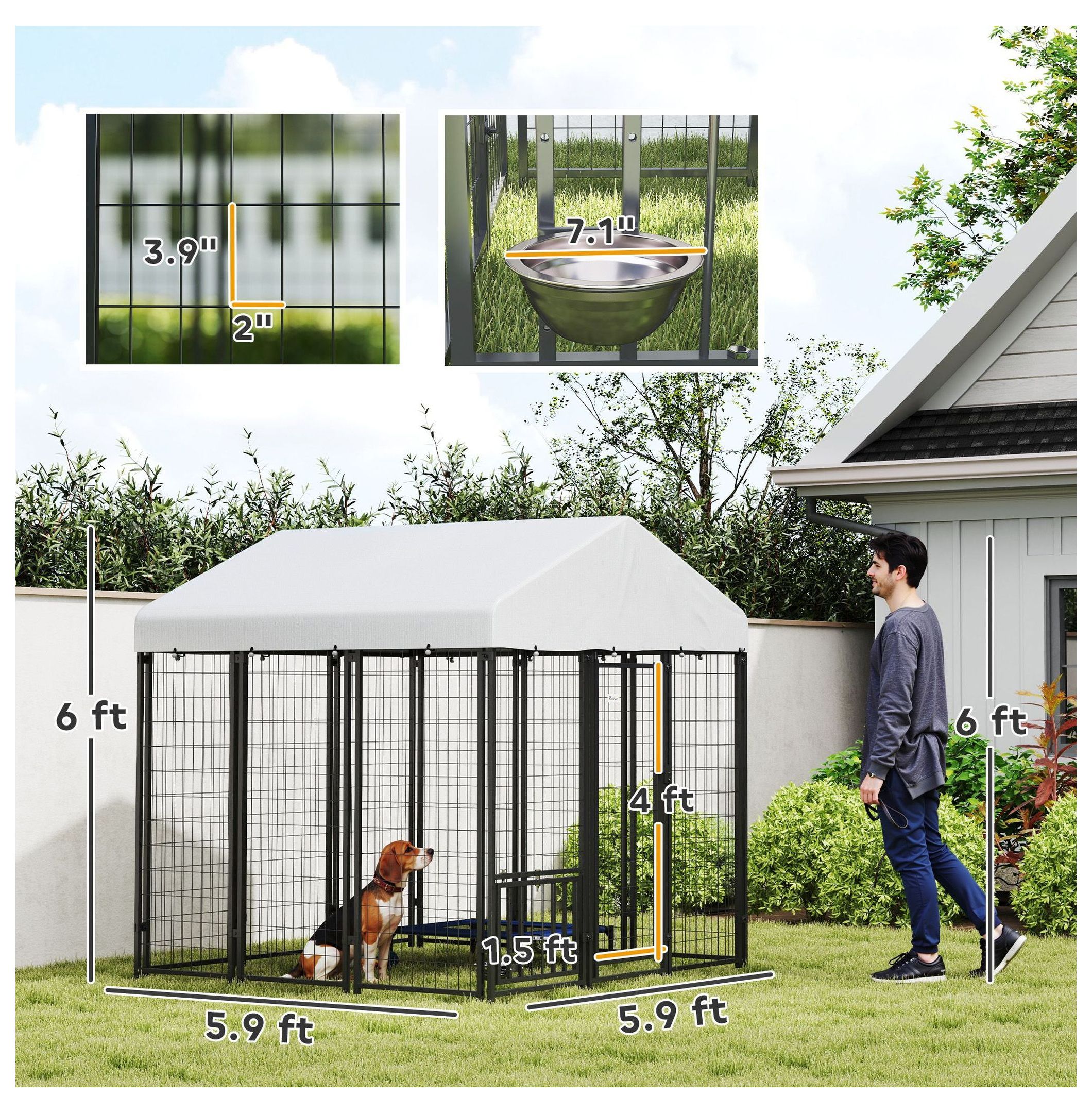 Outdoor Dog Kennel 5.9'x5.9'x6', Large Dog Run with Roof, Rotating Bowls & Adjustable Height Racks - Secure Pet Enclosure