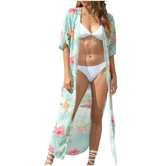 Lilgiuy Women Casual Summer Short Sleeve Print Large Size Sunscreen Beach Vacation Long Chiffon Cardigan Blouse(Green,6) Winter Fashion 2022