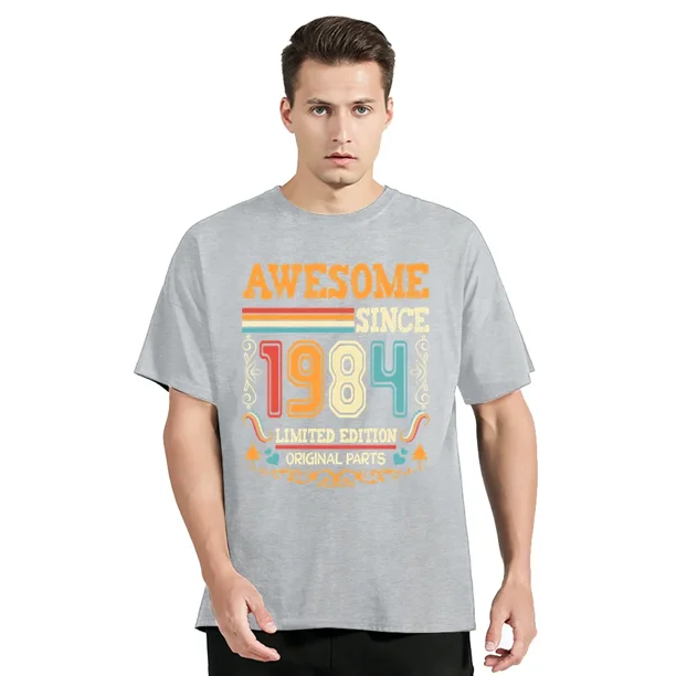 Camiseta de algodón con cuello redondo de cumpleaños vintage de 1984, ropa para hombre, camiseta de gran tamaño, camiseta casual de fitness, tops
