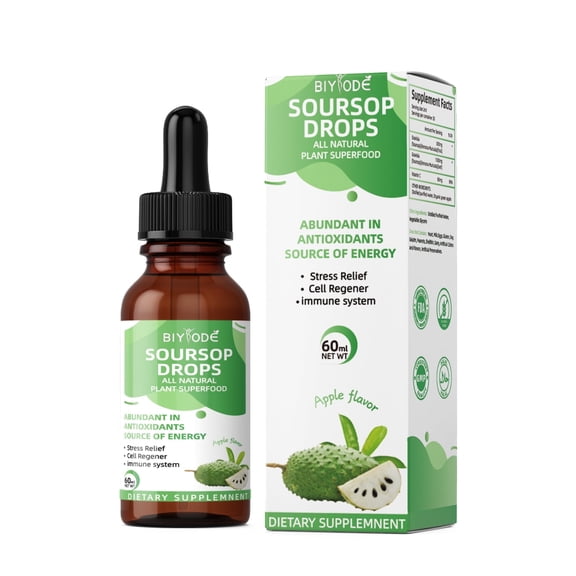 Soursop Drops 60mL - Apple Flavor, Natural Antioxidants, Energy Boost, Stress Relief & Immune Support | All Organic Plant Superfood Liquid Supplement