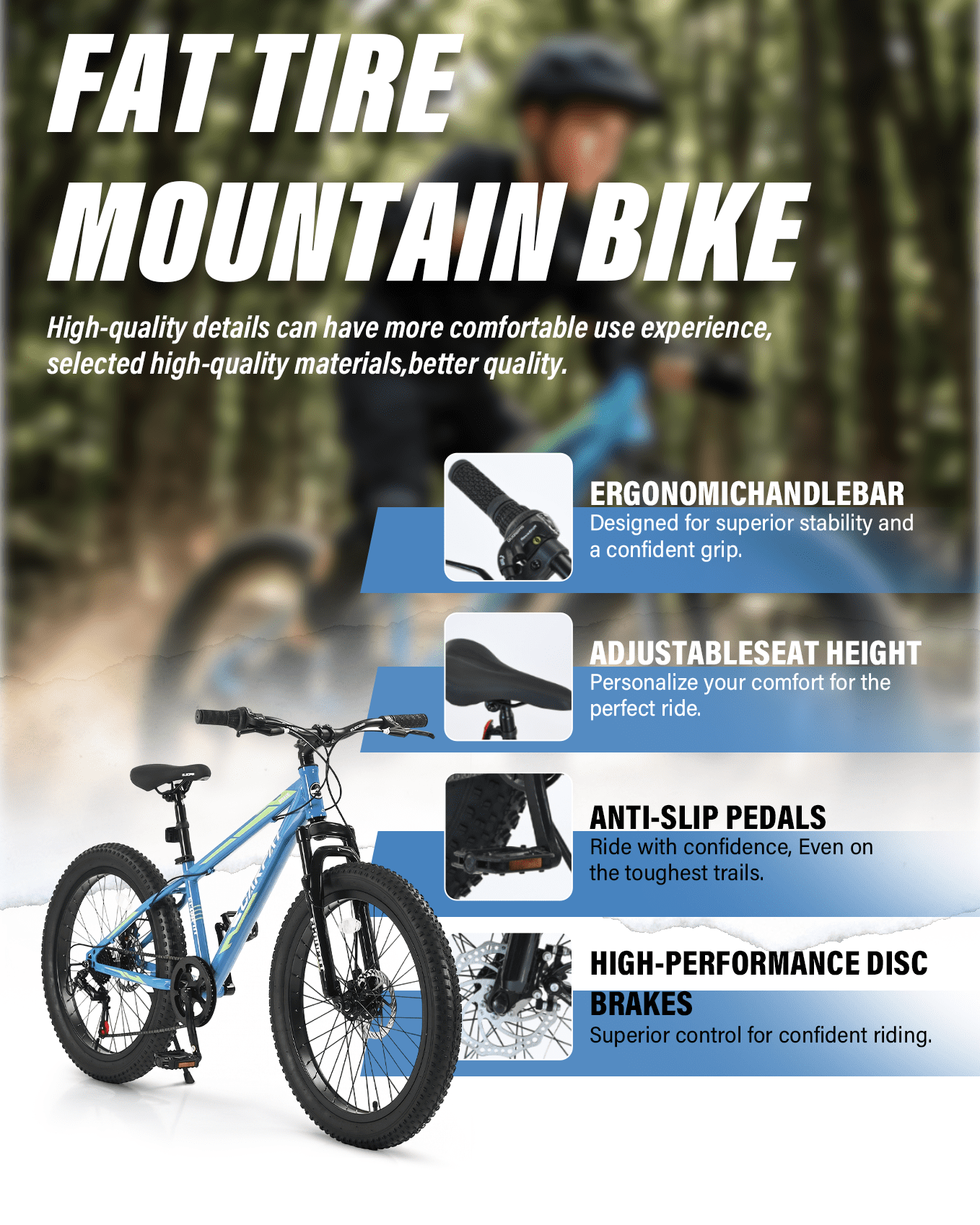 24 inch Fat Tire Mountain Bike, Outdoor Cycling Bike with 7-Speed for Boys Girls, High Carbon Steel Frame, Dual Disc Brake, Wide Tires, Suspension Fork, Anti-Slip Bikes, Blue