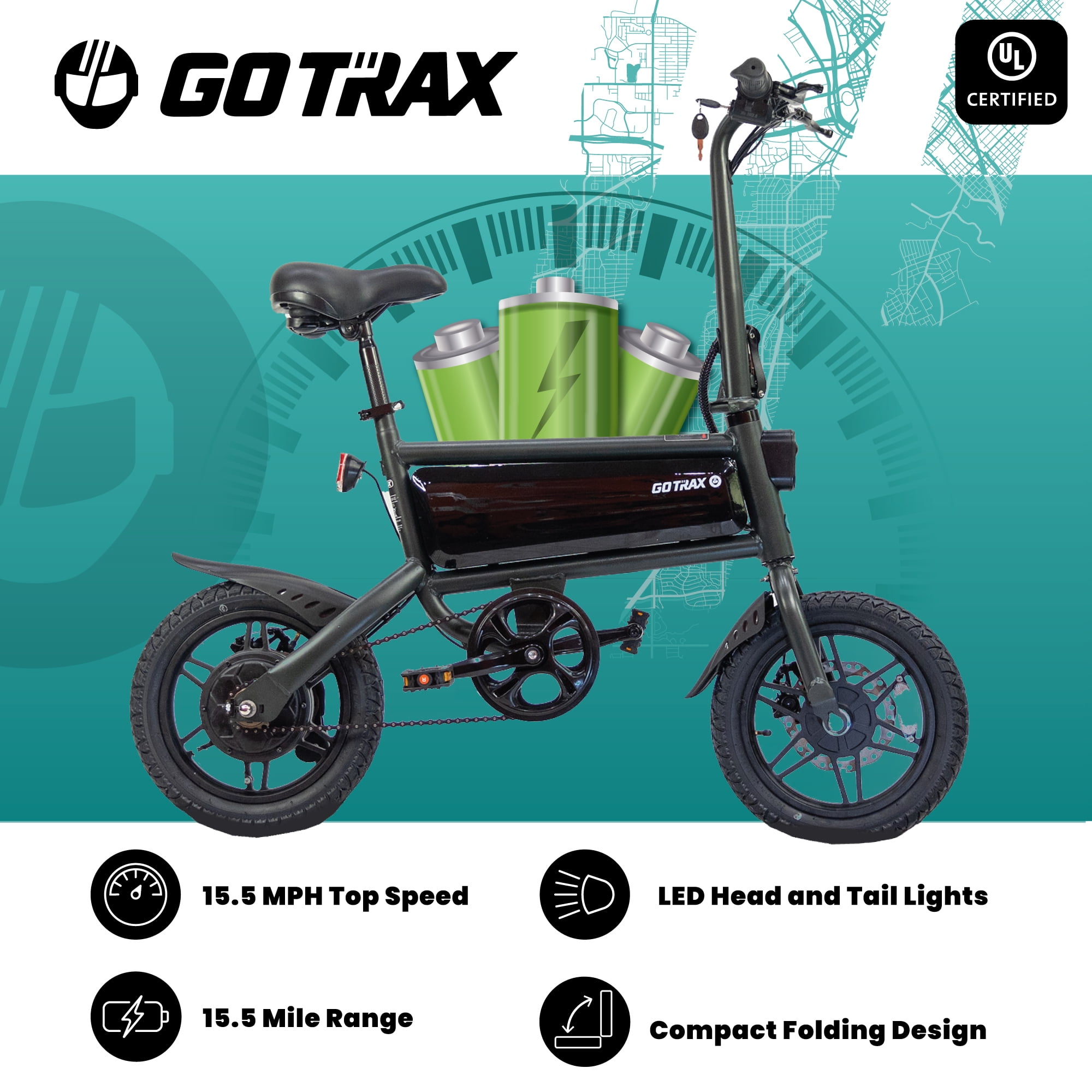 GOTRAX S2 14" Folding Adult Electric Bike, 250W, 15.5 mph Max Speed LED Display, Black
