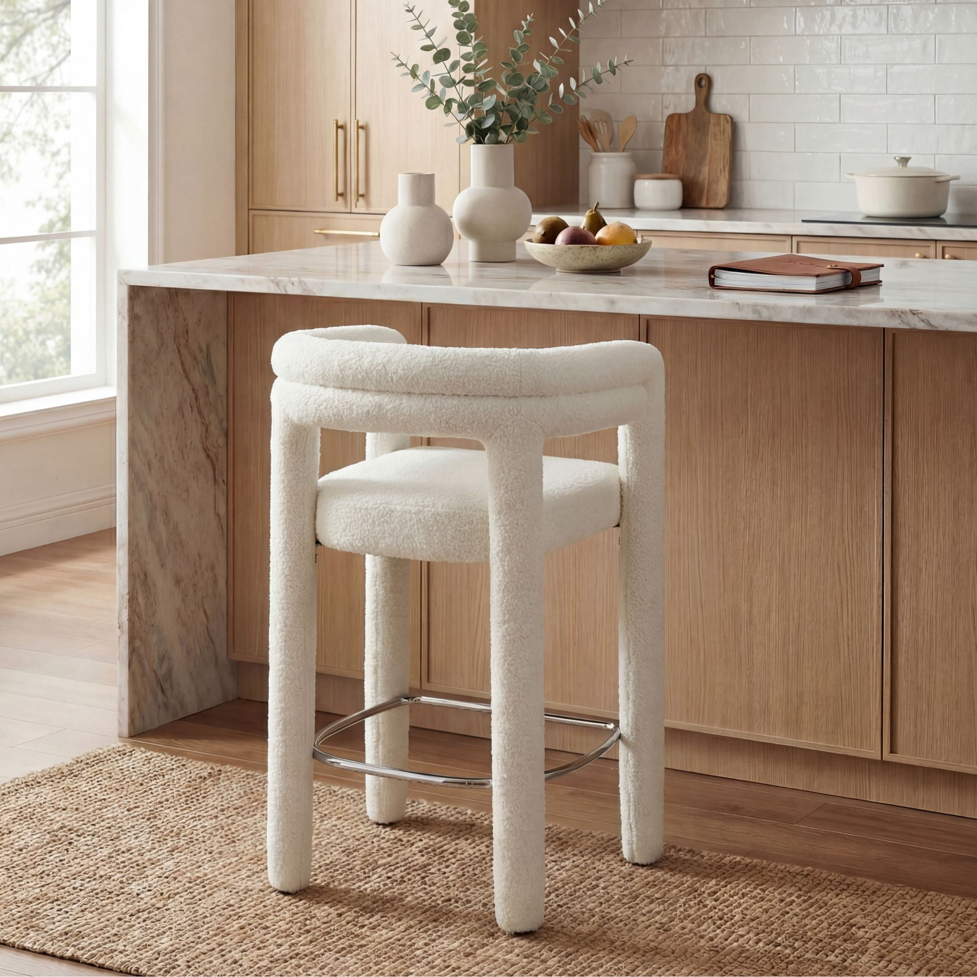 Dayalane 26" Counter Height Bar Stools Set of 1, Modern Sherpa Barrel Barstools with Back and Armrests, Stainless Steel Footrest for Kitchen Island, White