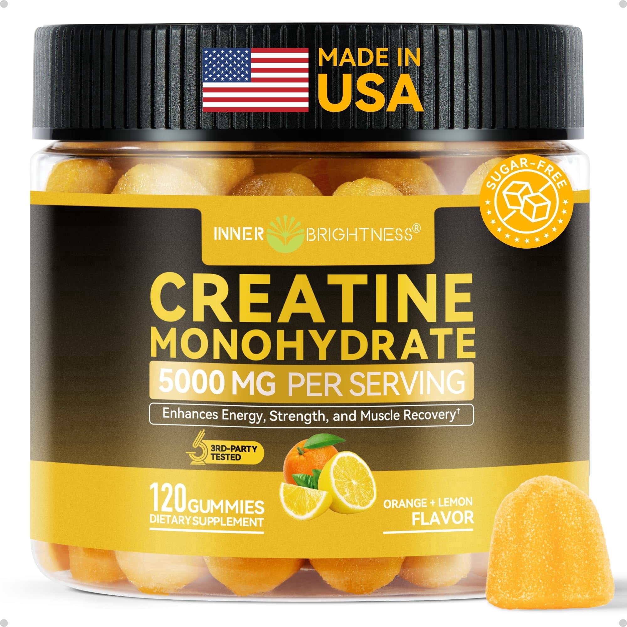 Inner Brightness Creatine Monohydrate Gummies for Men & Women 5000 mg, 3rd Party Tested, Creatine Chews for Muscle Growth, Strength & Energy Support, Sugar Free, Vegan, 120 Count, Orange Lemon