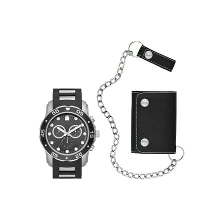 Folio Men's Silver Round Analog Watch with Silver Link and Faux Leather Band and Black Faux Leather Embossed Card Holder with Silver Metal Chain and Faux Leather Clip Gift Set (FMDAL1159)