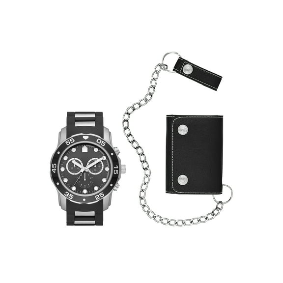 Folio Men's Silver Round Analog Watch with Silver Link and Faux Leather Band and Black Faux Leather Embossed Card Holder with Silver Metal Chain and Faux Leather Clip Gift Set (FMDAL1159)