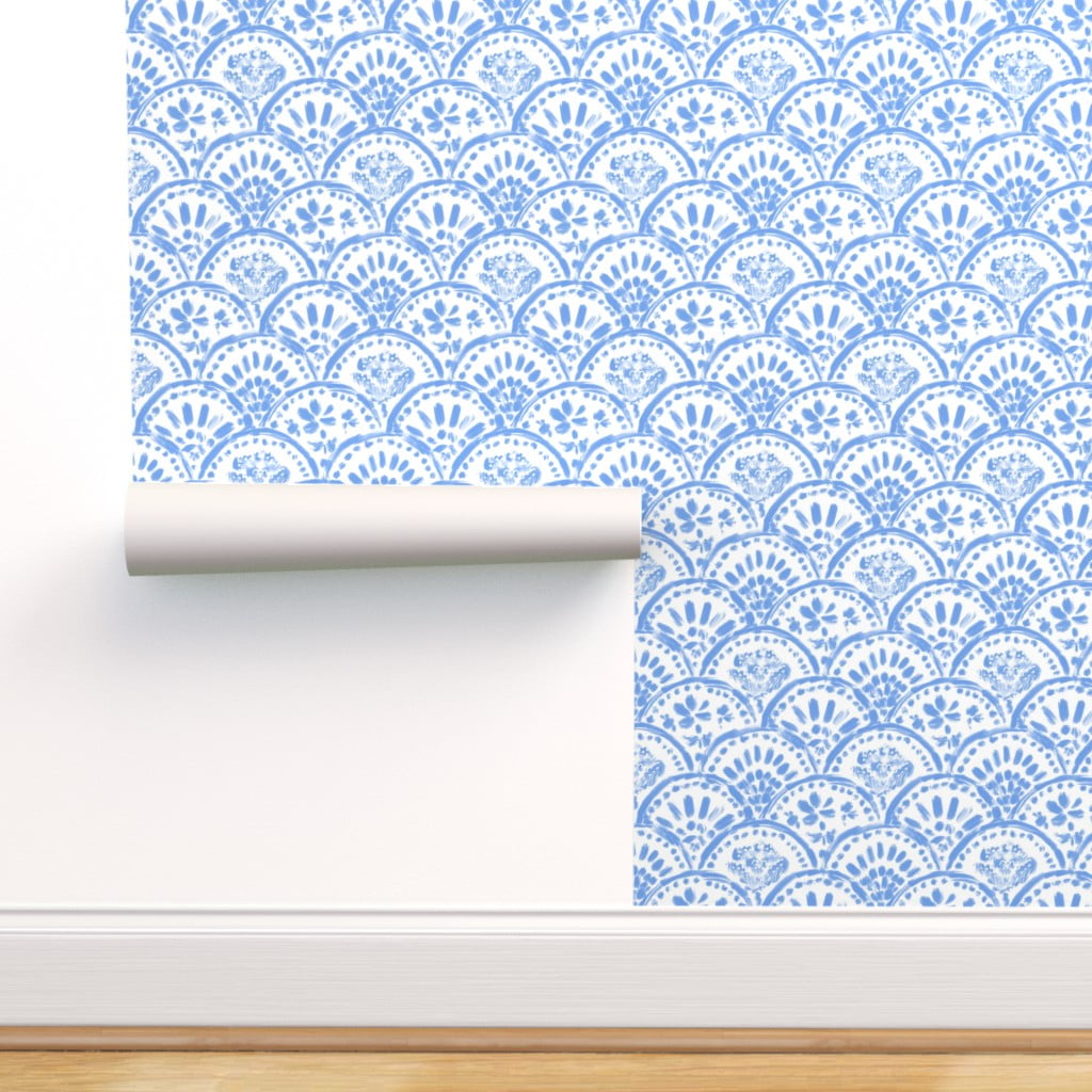 Removable Water-Activated Wallpaper Art Deco Geometric Blue Waves Scallops 
