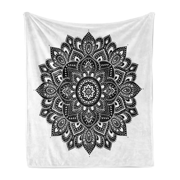 East Soft Flannel Fleece Throw Blanket, Floral Ornament with Far Eastern Art Motifs Cultures Vintage Style, Cozy Plush for Indoor and Outdoor Use, 70" x 90", White Black, by Ambesonne
