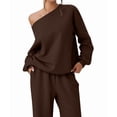 thumbnail image 2 of Women'S 2 Piece Outfits Off the Shoulder Crop Top Wide Leg Sweatpants Matching Lounge Sets Brown XL, 2 of 8