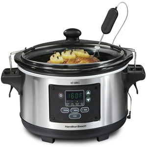 Hamilton Beach Portable 6 Quart Set & Forget Digital Programmable Slow Cooker Lock, Dishwasher Safe Crock & Lid, Temperature Probe, Stainless Steel