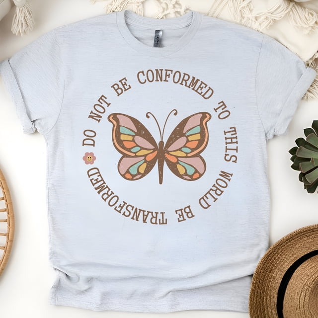 Do Not Be Conformed Bible Verse Butterfly T-Shirt, Ash, Size S