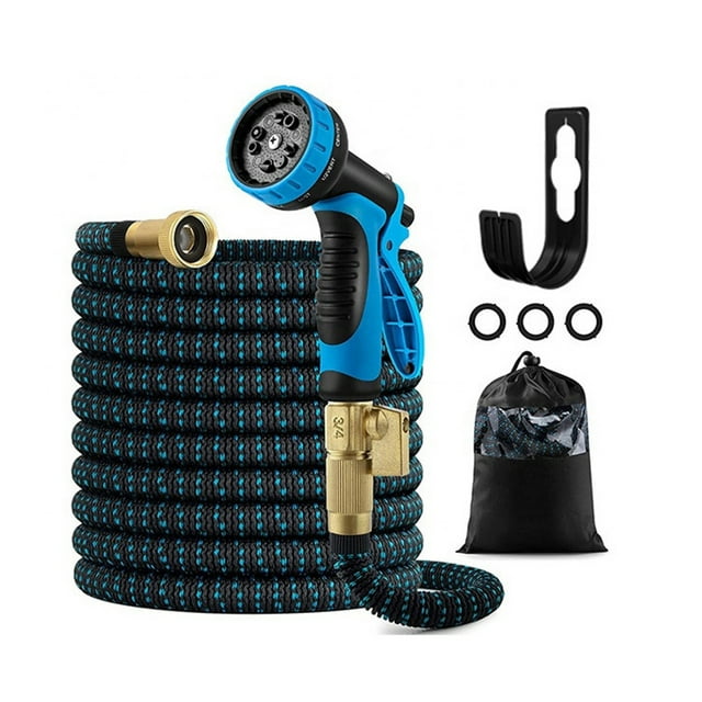US-Standard Expandable Garden Hose with Nozzle Connector - Blue Polyester-Latex-Metal Magic Hose, 15m Length After Water Injection for Watering & Car Washing