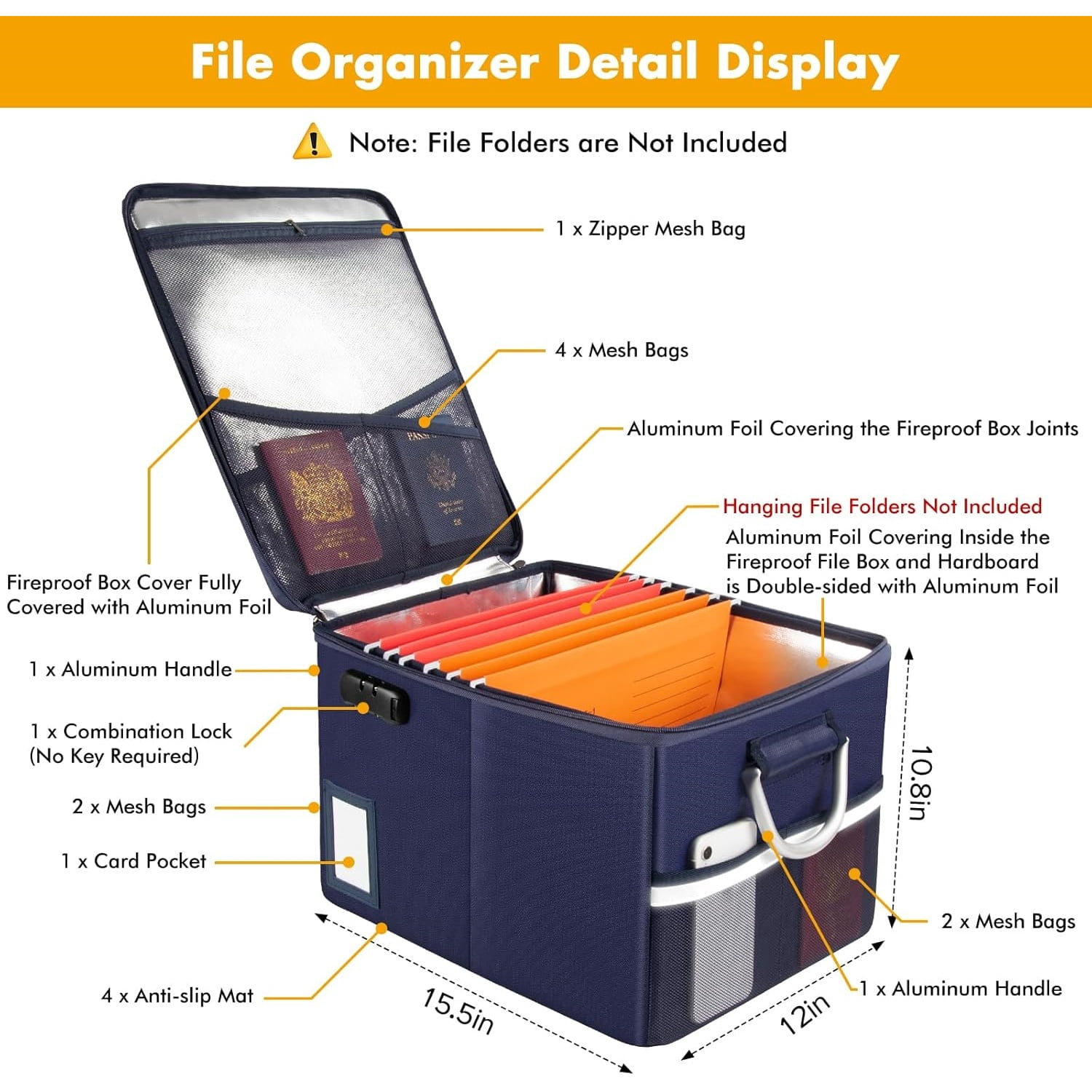 5200°F Fireproof Document Box, Fire Important Document Organizer with Lock, Upgraded Heat Insulated Filing Storage Cabinet Office Organization (5200°F Fireproof Box, Blue)