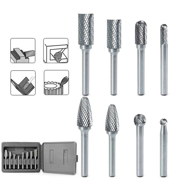 FindBuyTool  8pc 1/4" Carbide Burr Set - Double Cut-Die Grinder Bits for Woodworking, Metal Carving, Engraving, Drilling, Polishing