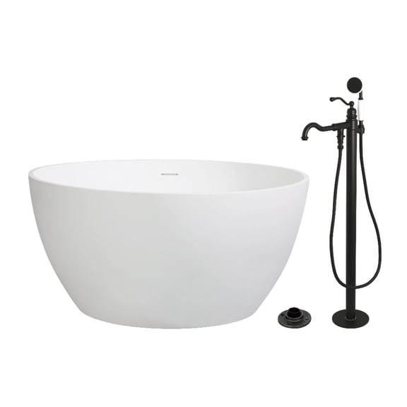Kingston Brass KRTRO4545130AL 45" Solid Surface Round Double Ended Freestanding Tub with Faucet Combo and Drain, Matte Black