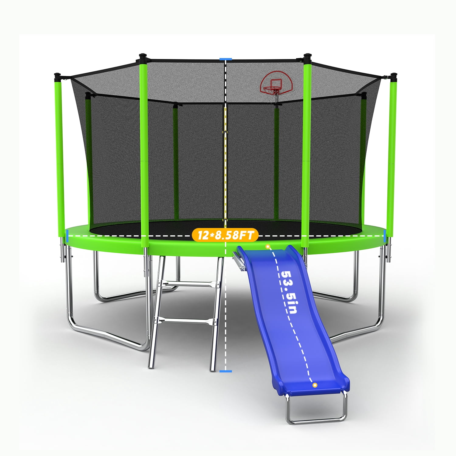 Mersco 12FT Heavy Duty Trampoline with Enclosure Net , Slide Outdoor Big Trampoline for Backyard,Kids Trampoline with Basketball Hoop,Birthday and  Holiday Gifts for Kids,Green